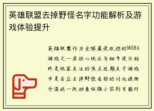 英雄联盟去掉野怪名字功能解析及游戏体验提升